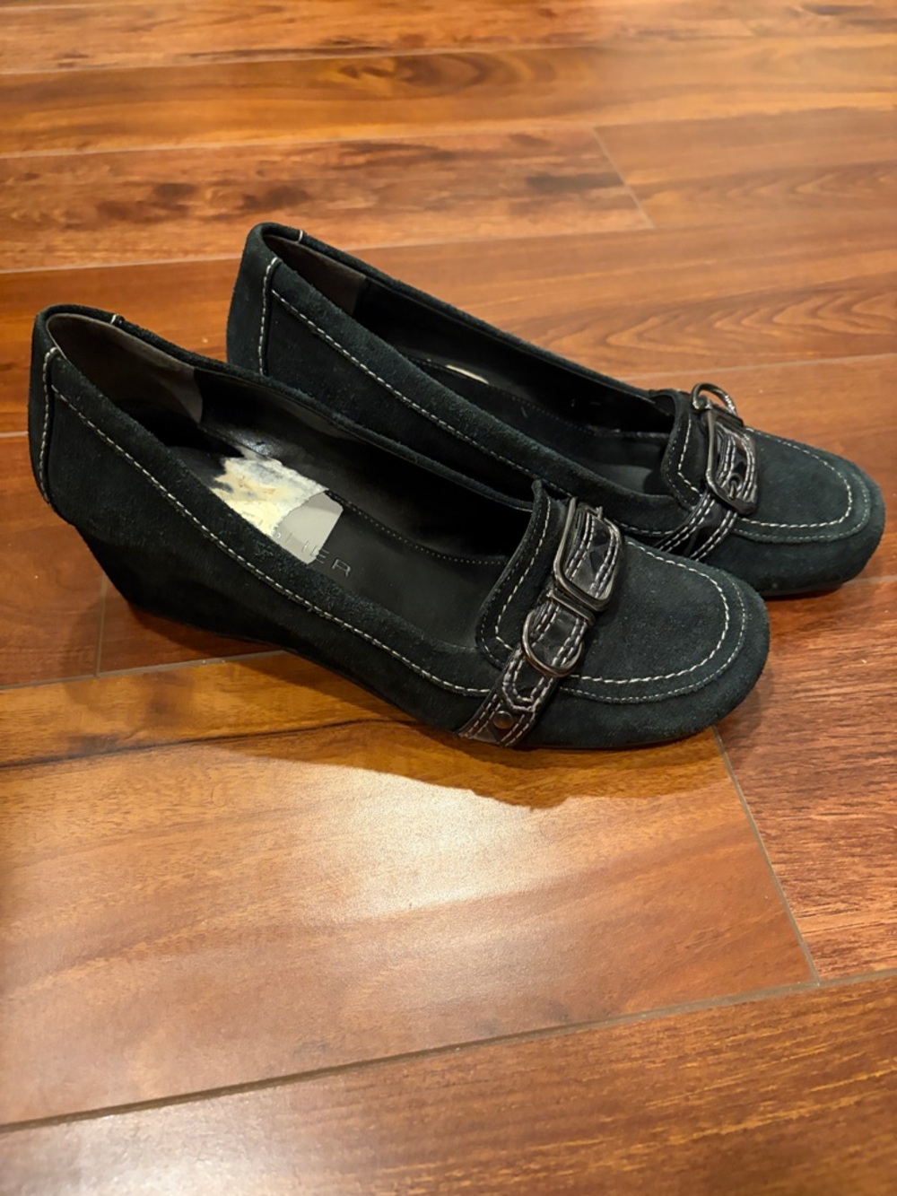 Marc Fisher Womens Size 8M Black Suede Leather Buckle Slip-On Wedge Loafer Shoes